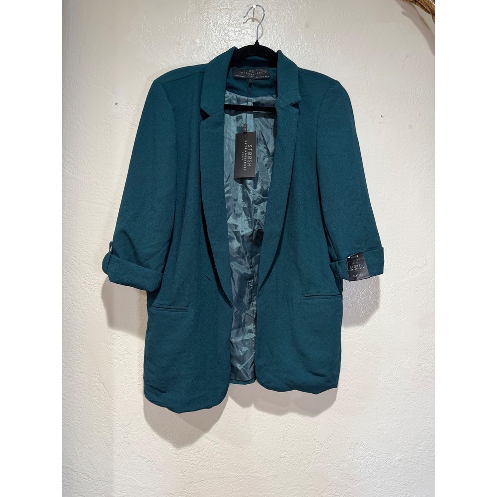 Stoosh Women Hunter Green Open Front 3/4‎ Sleeve Crepe Blazer Medium NWT